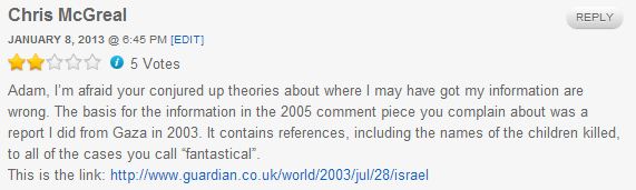 Guardian’s anti-Zionist propagandist, Chris McGreal, responds to CiF Watch.