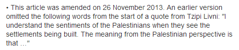 CiF Watch prompts correction to extremely misleading Livni quote at ‘Comment is Free’